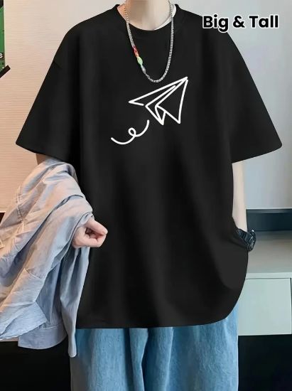 Baskılı Oversize Bisiklet Yaka T-shirt - Siyah resmi